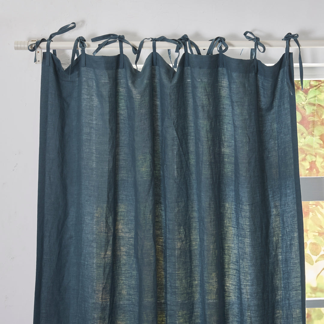 Tie Top Detail on French Blue Linen Curtain
