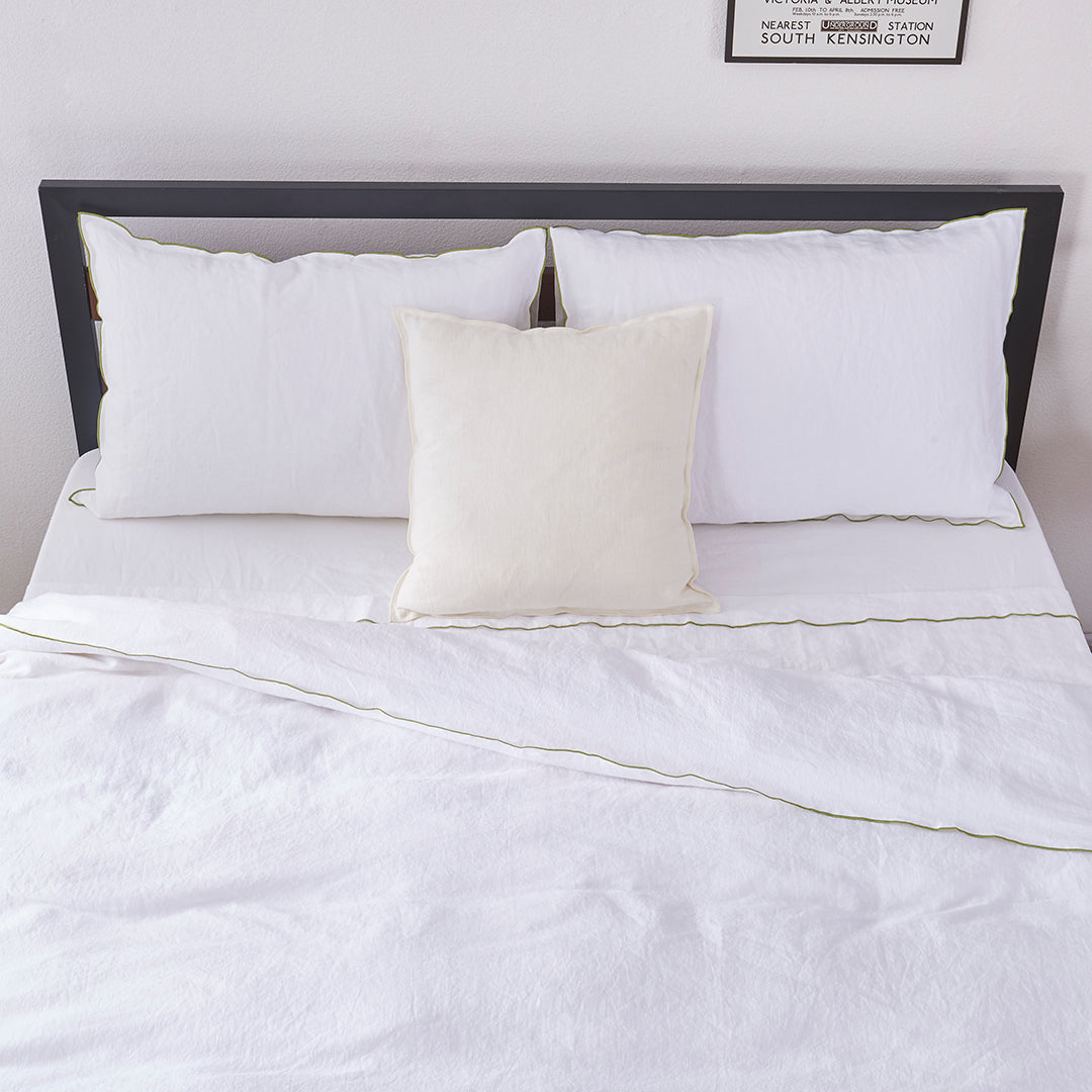 Leek Green Embroidered Edge Linen Duvet Cover with Matching Bedding