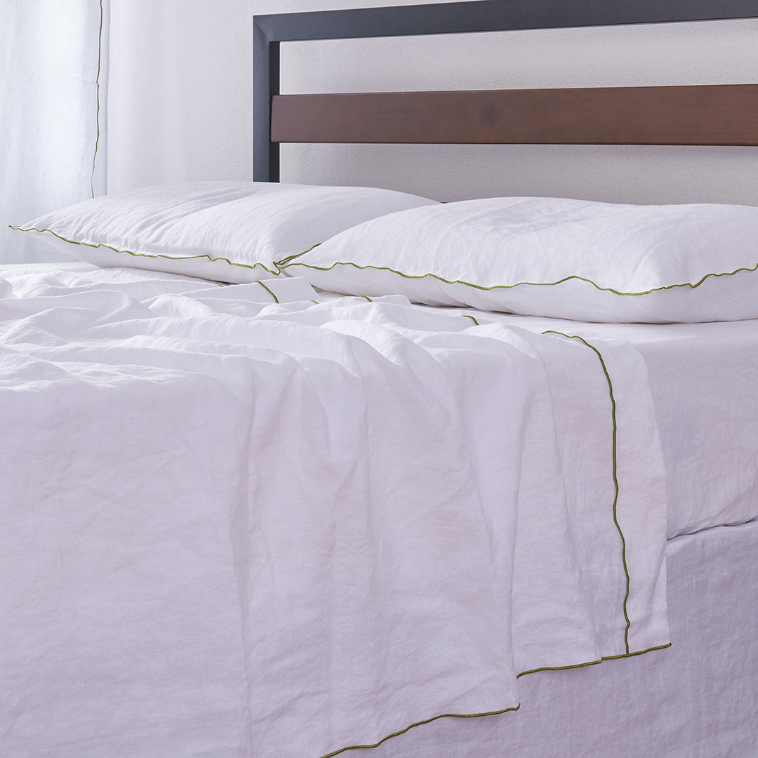 White Linen Flat Sheet with Leek Green Embroidered Edge