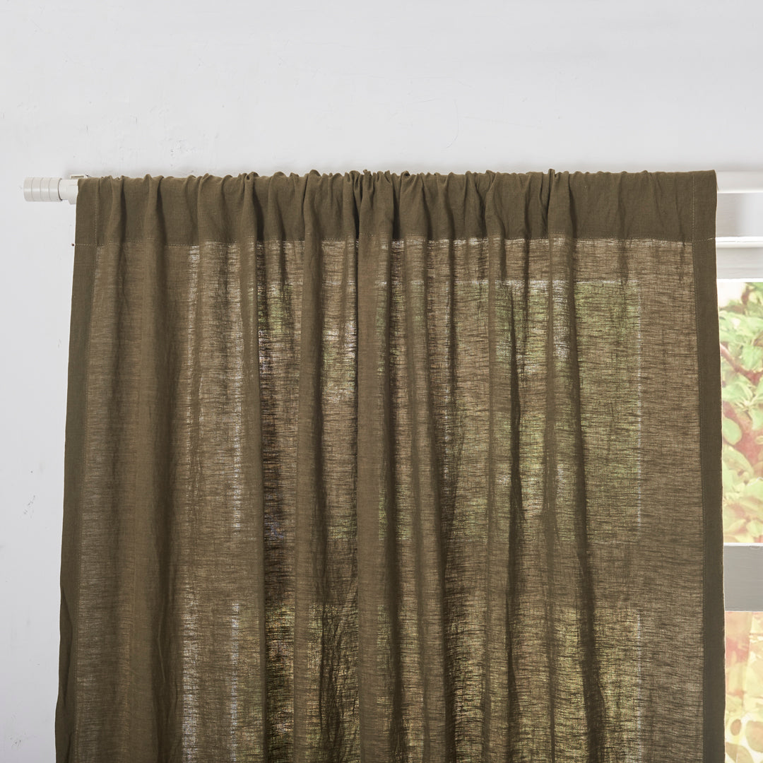 Rod Pocket Top of Olive Green Linen Curtain Panel