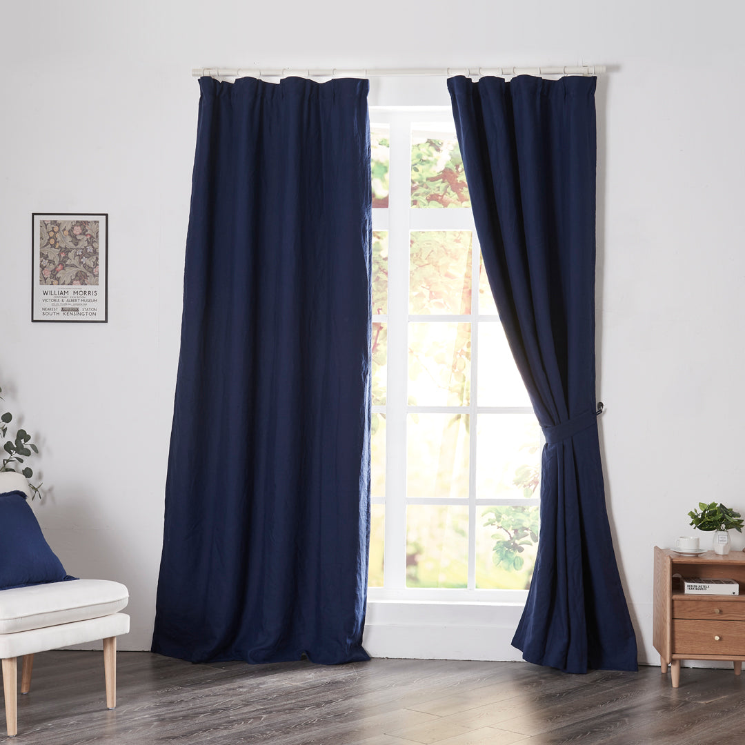 Indigo Blue Linen Drapery With Blackout Lining on Window