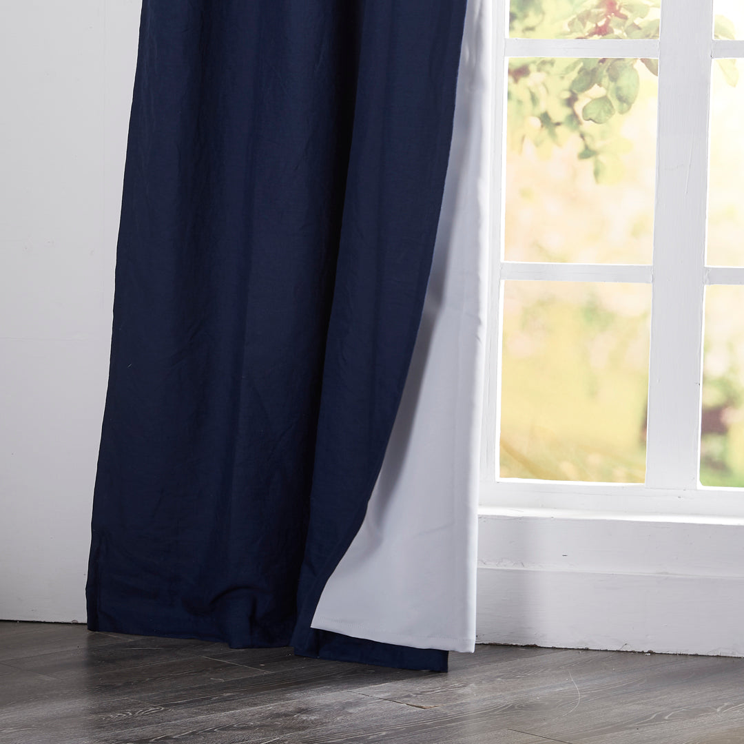 Hem of Indigo Blue Linen Blackout Curtains with Lining