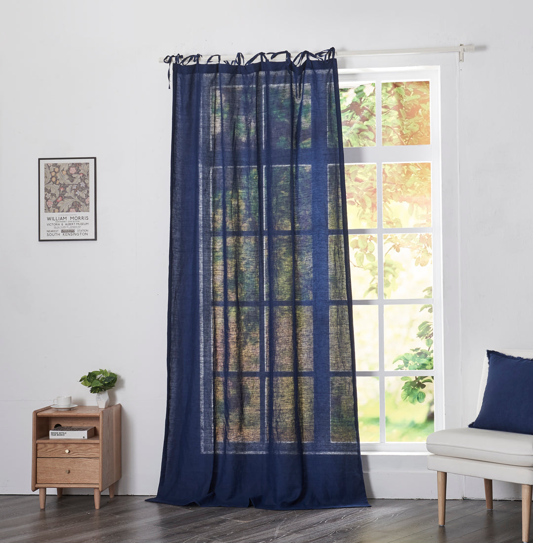 Indigo Blue Linen Drapery With Tie Top in Room