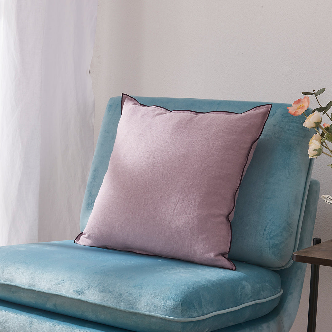 Linen Lilac Pillow Cover with Embroidered Edge