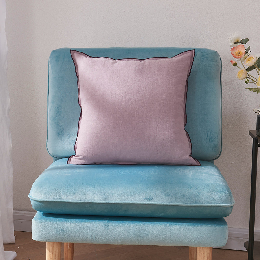 Linen Lilac Pink Cushion Cover with Embroidered Edge