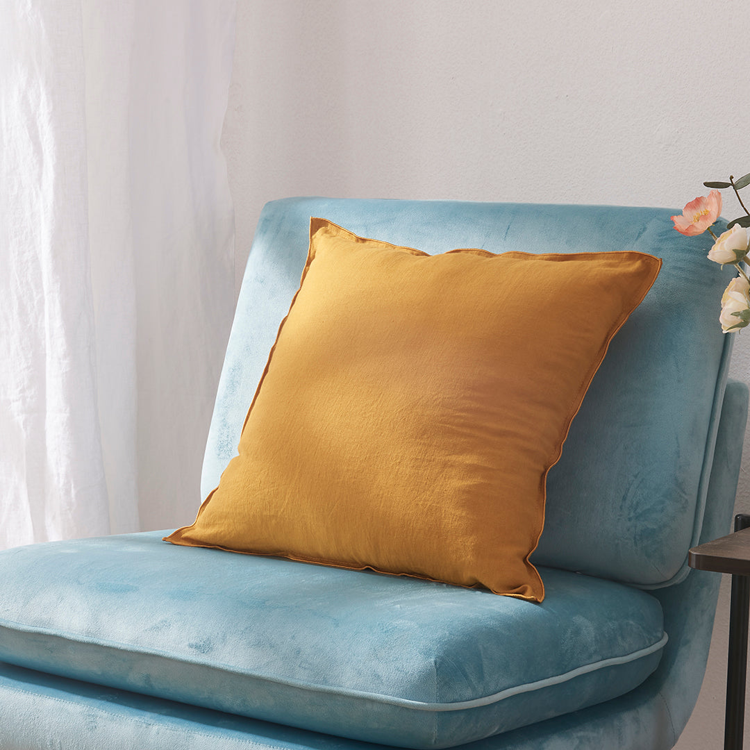 Mustard Yellow Linen Cushion Cover with Embroidered Edge for Throw Pillow