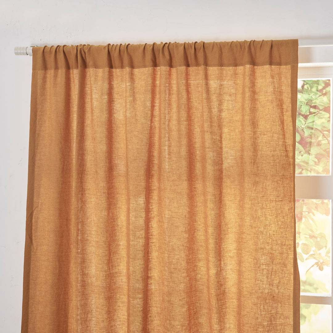 Top Detail of Mustard Yellow Linen Drapery With Rod Pocket