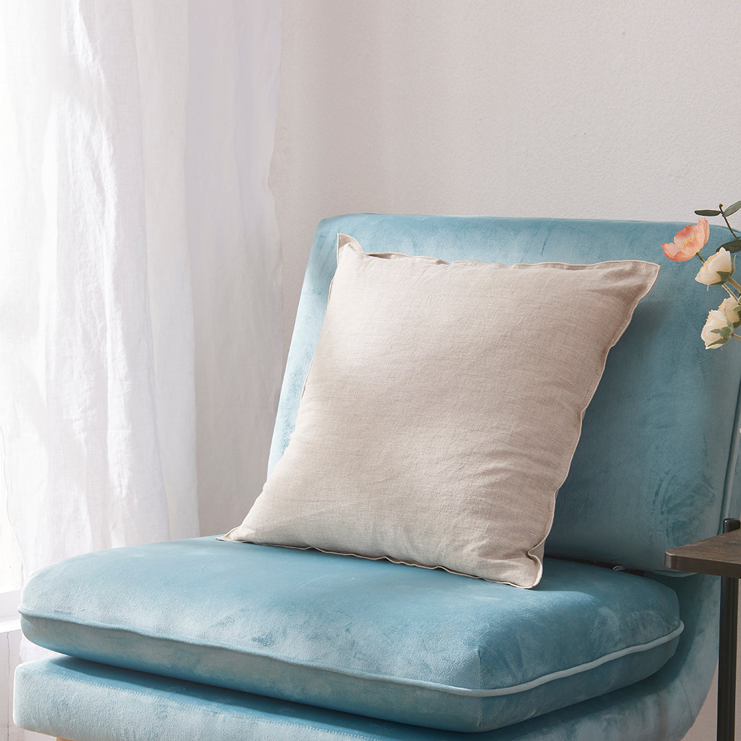 Linen Cushion Pillow Cover with Embroidery Edge in Natural on Chair