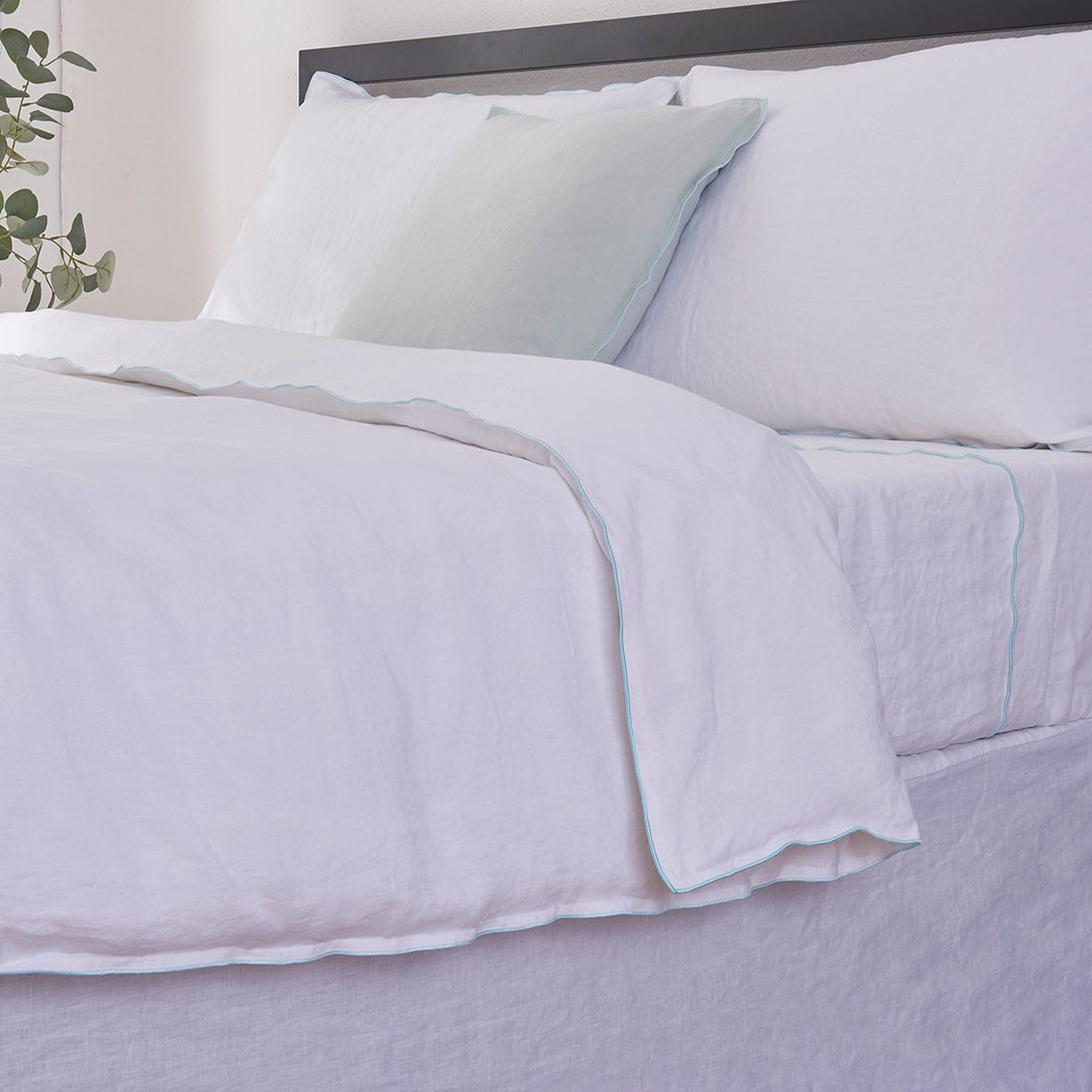 White Linen Duvet Cover with Pale Blue Edge