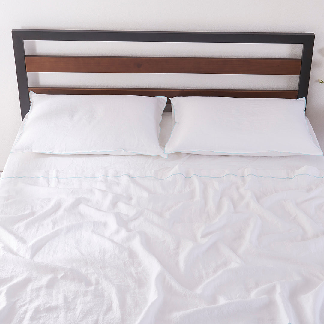 White Linen Flat Sheet and Pillowcases with Pale Blue Embroidered Edge