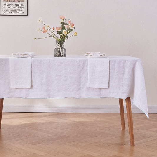 White Linen Tablecloth with Pale Blue Embroidered Edge