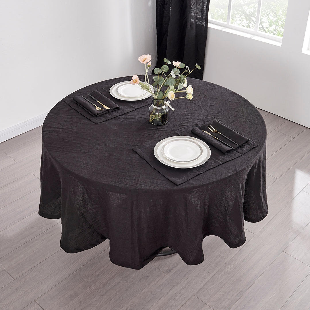 Black Linen Round Tablecloth in Dining Table Setting