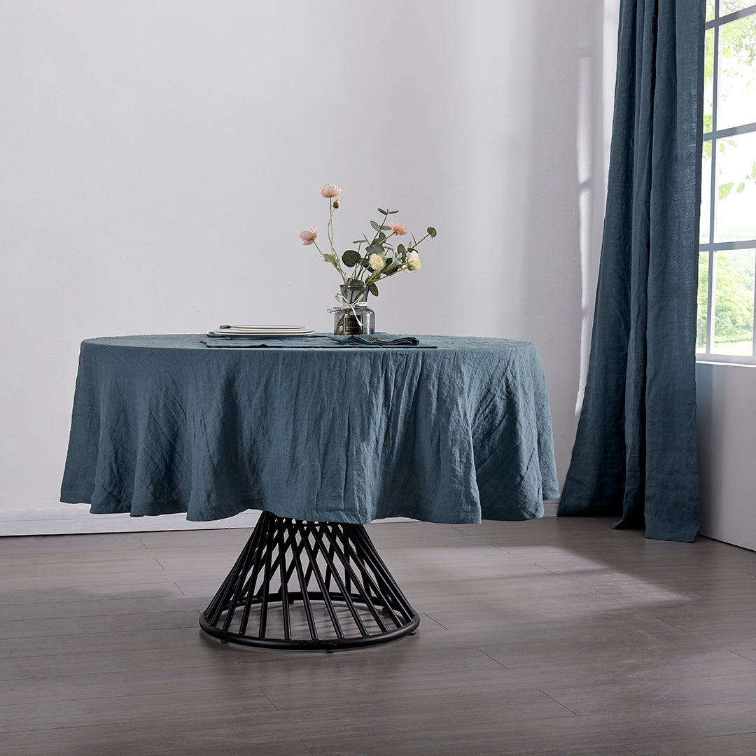 French Blue Linen Round Tablecloth on Table