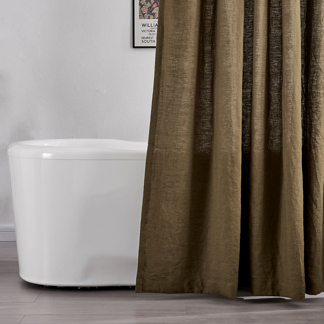 Bathtub with Linen Olive Green Shower Curtain