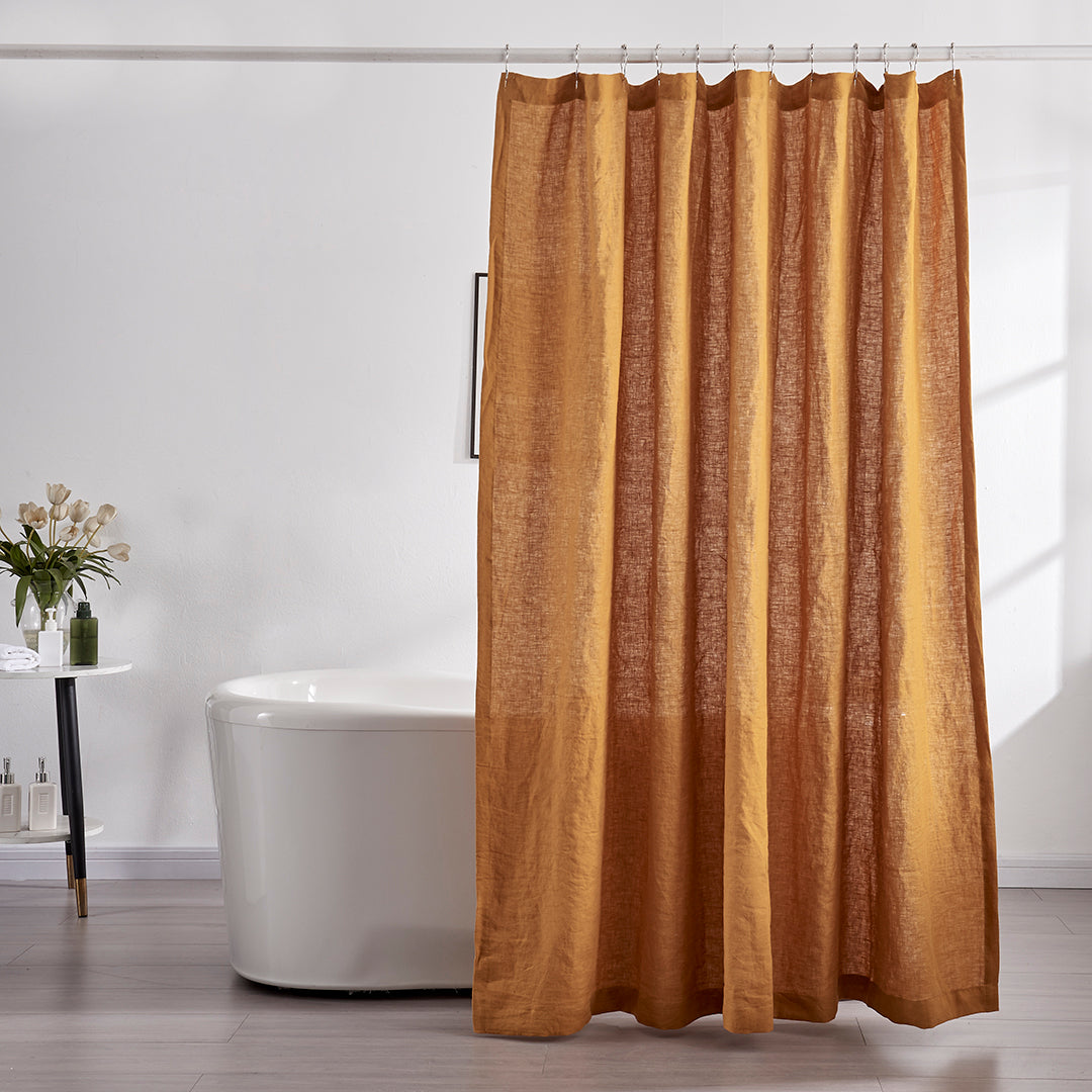Mustard Yellow Linen Shower Curtain in Bathroom