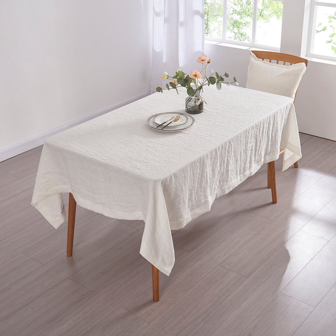Ivory Linen Rectangle Tablecloth in Dining Room