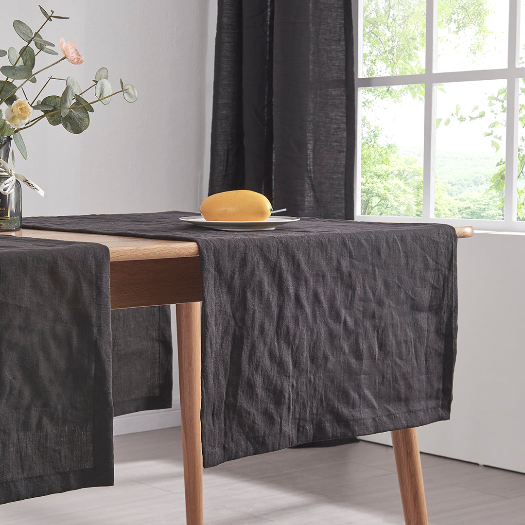 Plain Black Linen Table Runner in Dining Room