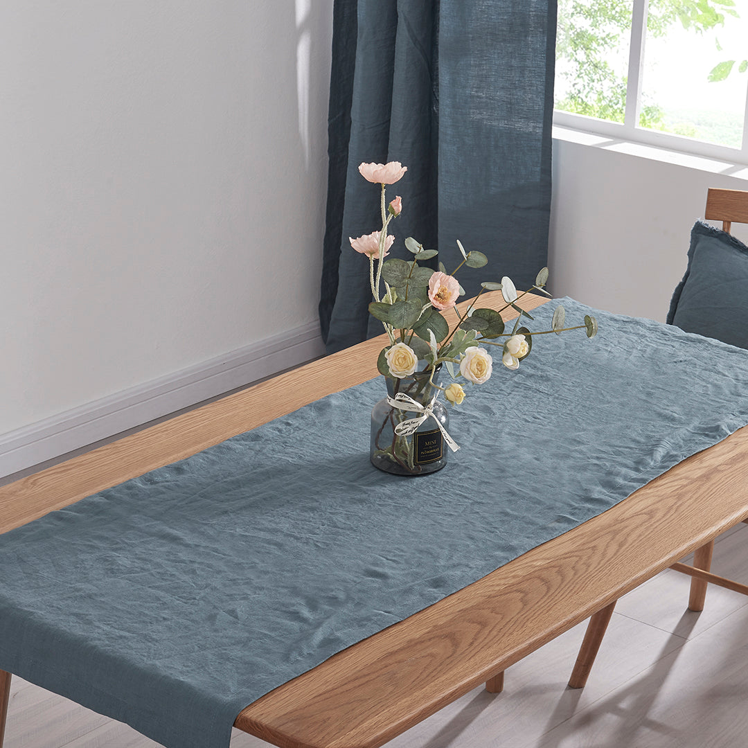 Long French Blue Linen Table Runner in Dining Room