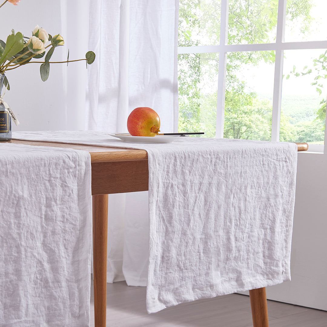 Close-up of optic white 100% linen table runners