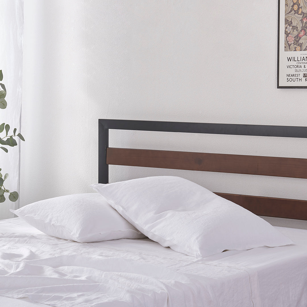 Pair of White Linen Pillowcases with Embroidered Edge