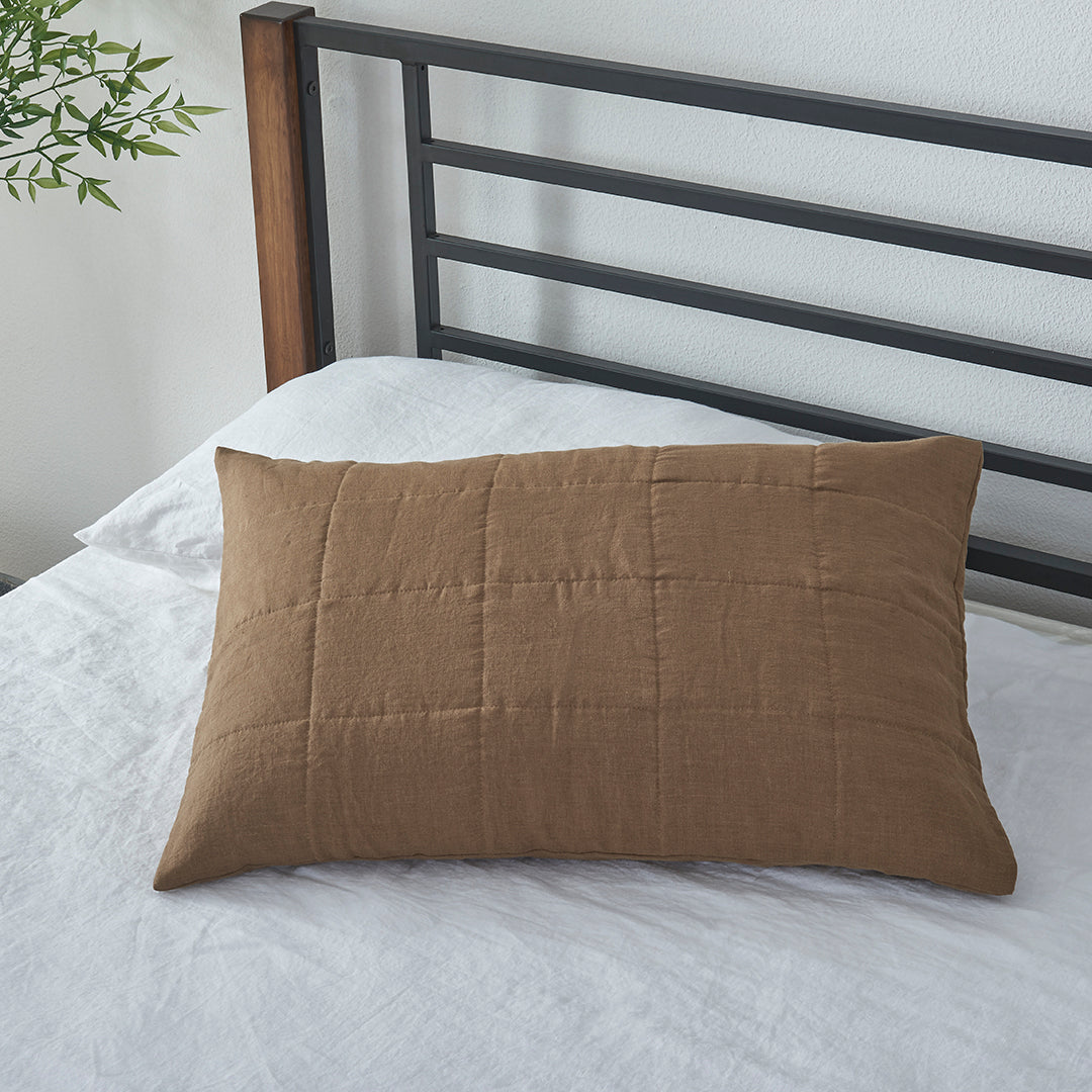 100% Linen Brown Quilted Pillow Sham