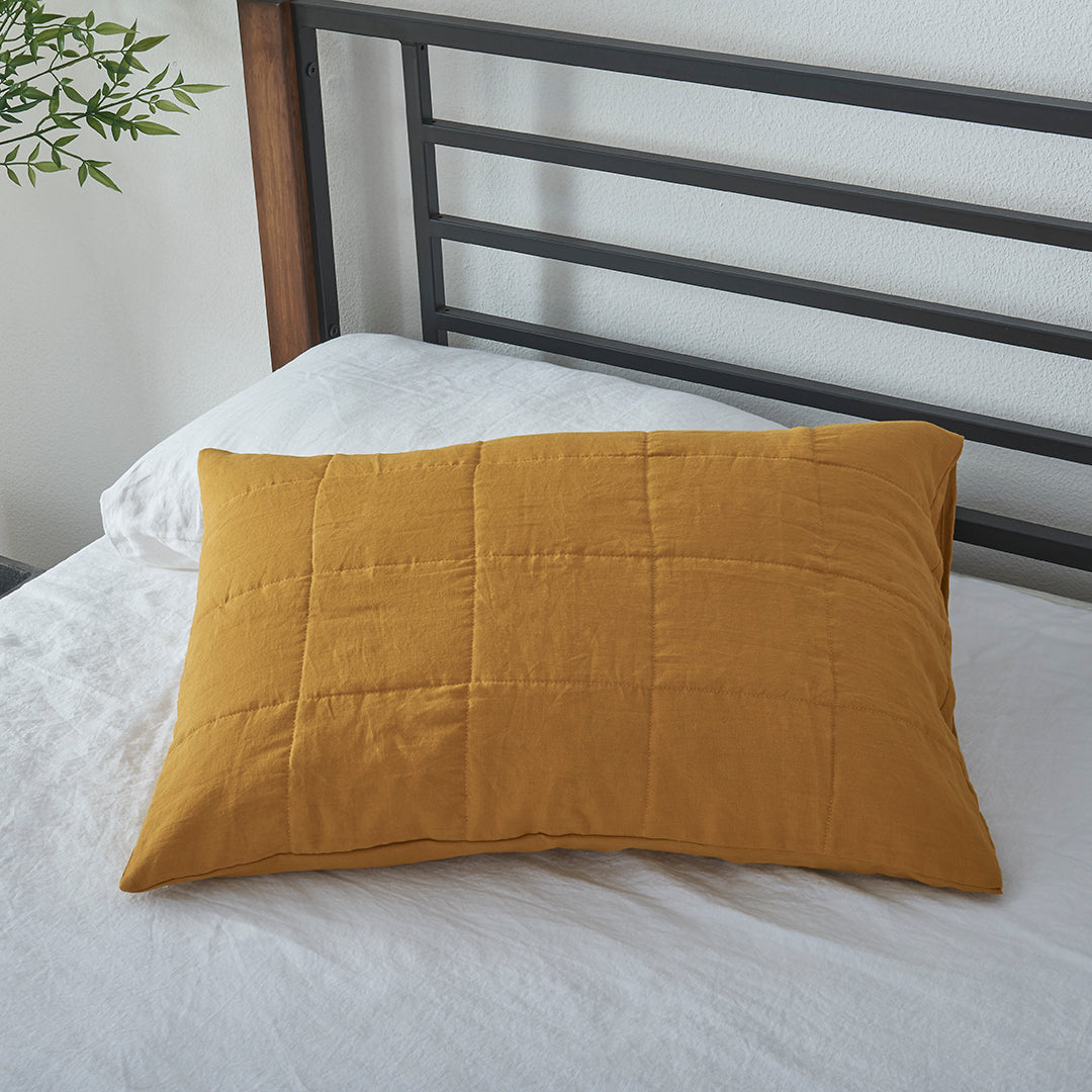 Mustard Yellow Linen Quilted Pillowcase Sham