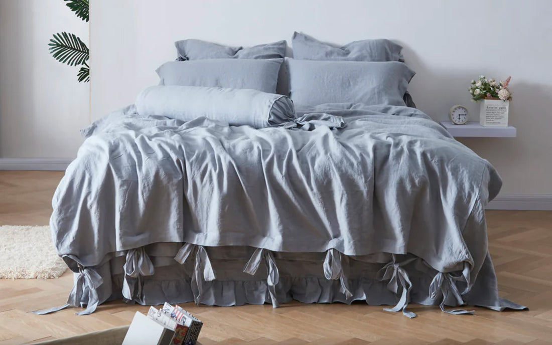 Alloy Grey Linen Duvet Cover With Bow Ties on bed with matching pillows