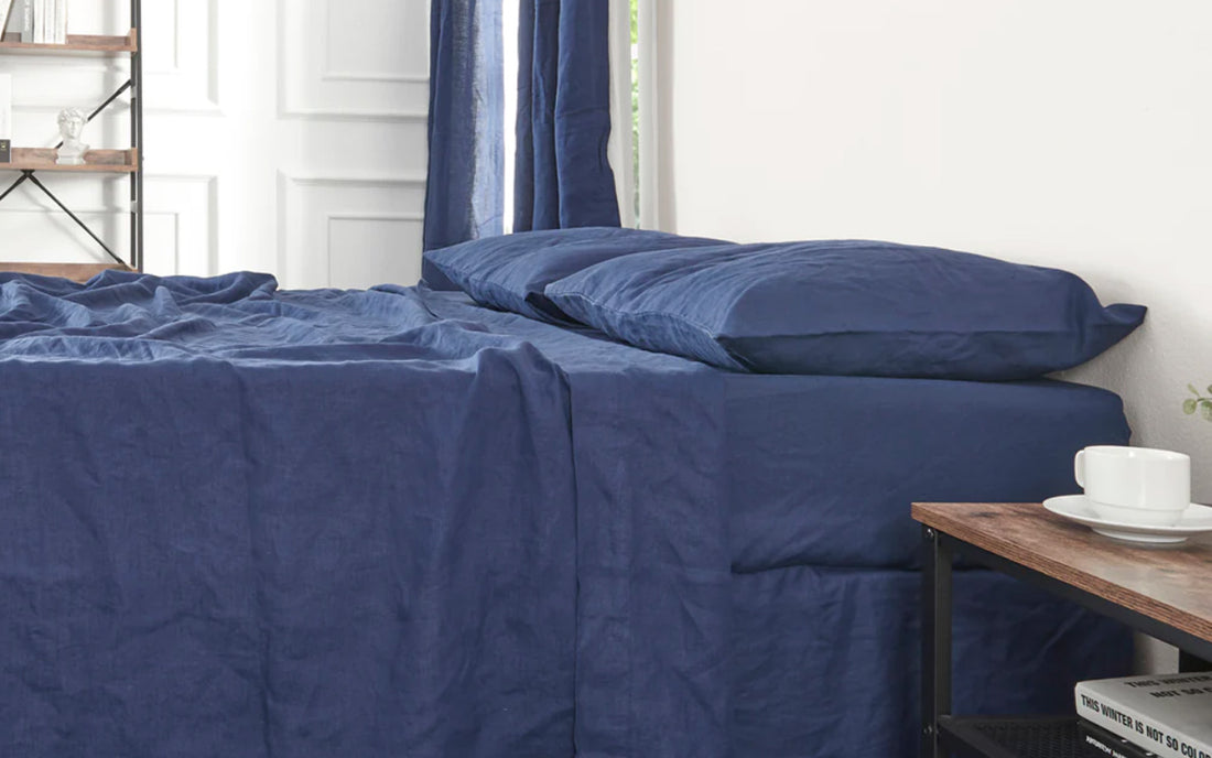 Indigo Blue Linen Flat Sheet on Bed