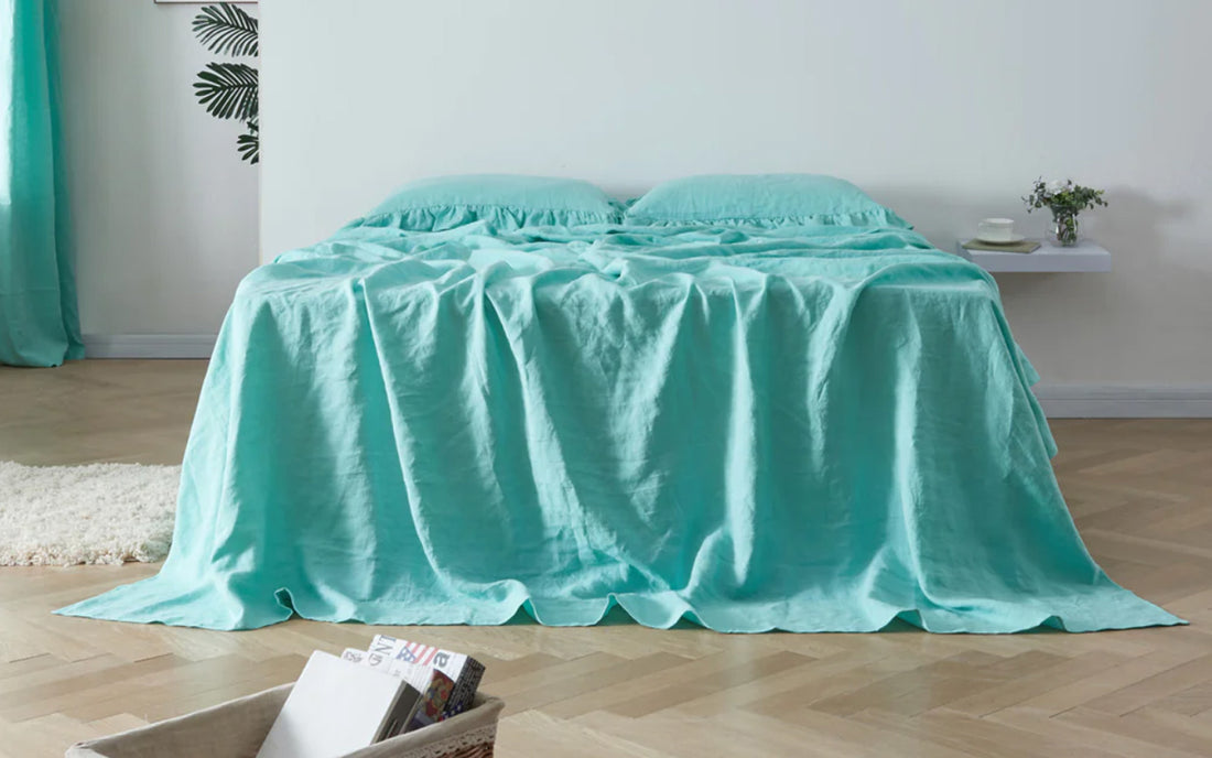 Aqua Green Linen Ruffle Hem Flat Sheet on Bed