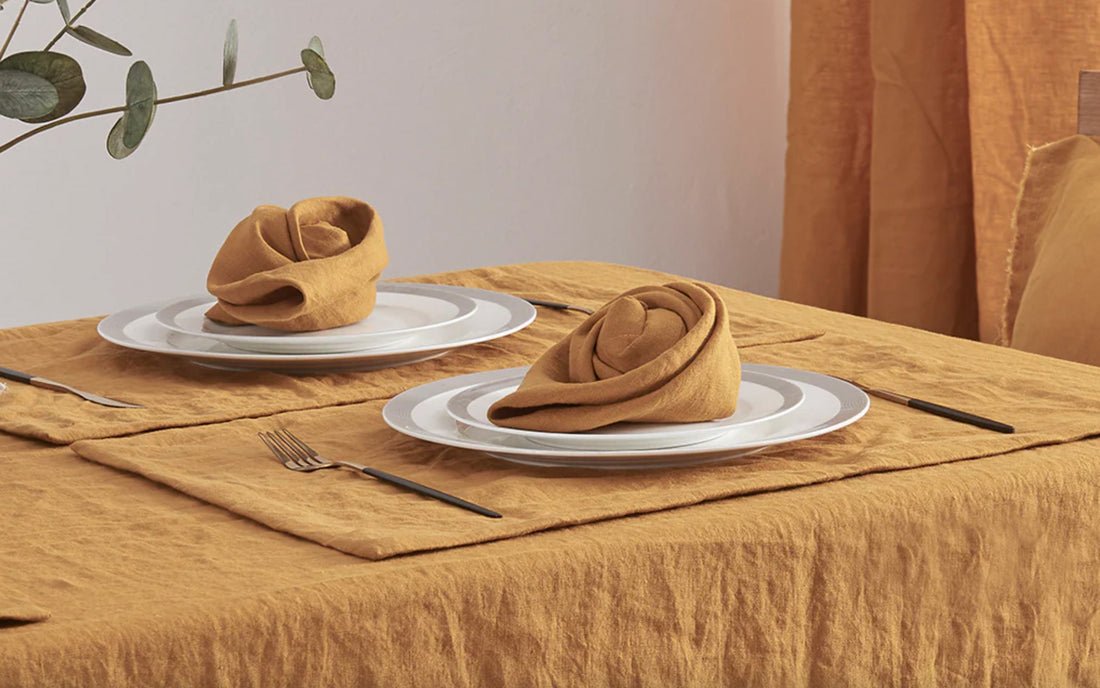 Mustard yellow linen table linens