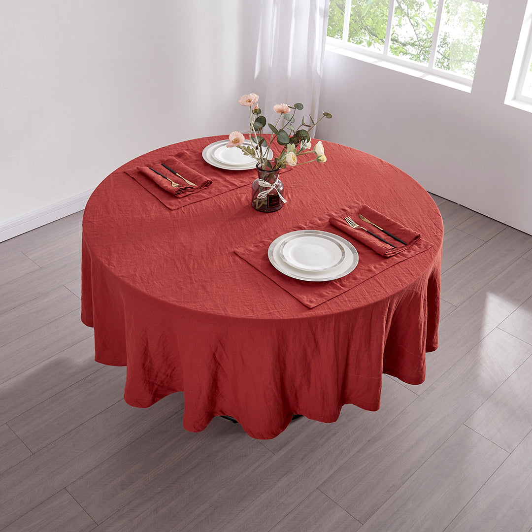 Red Round Linen Tablecloth on Table