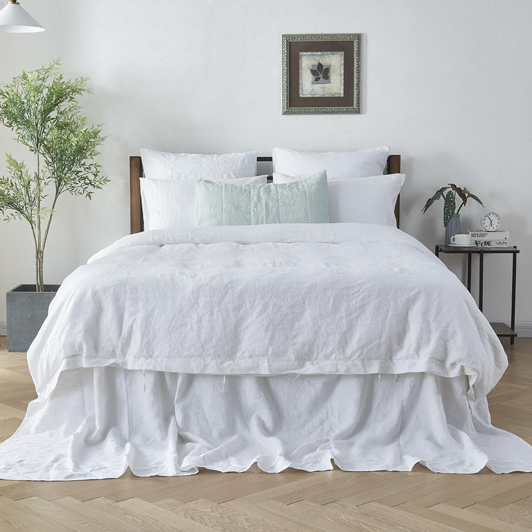 Optic White Linen Bedding on Bed