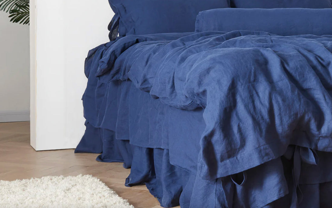 Indigo Blue Linen Duvet Cover With Bow Ties