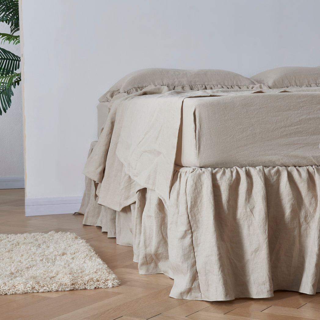 Natural 100% Linen Gathered Dust Ruffle on Bed