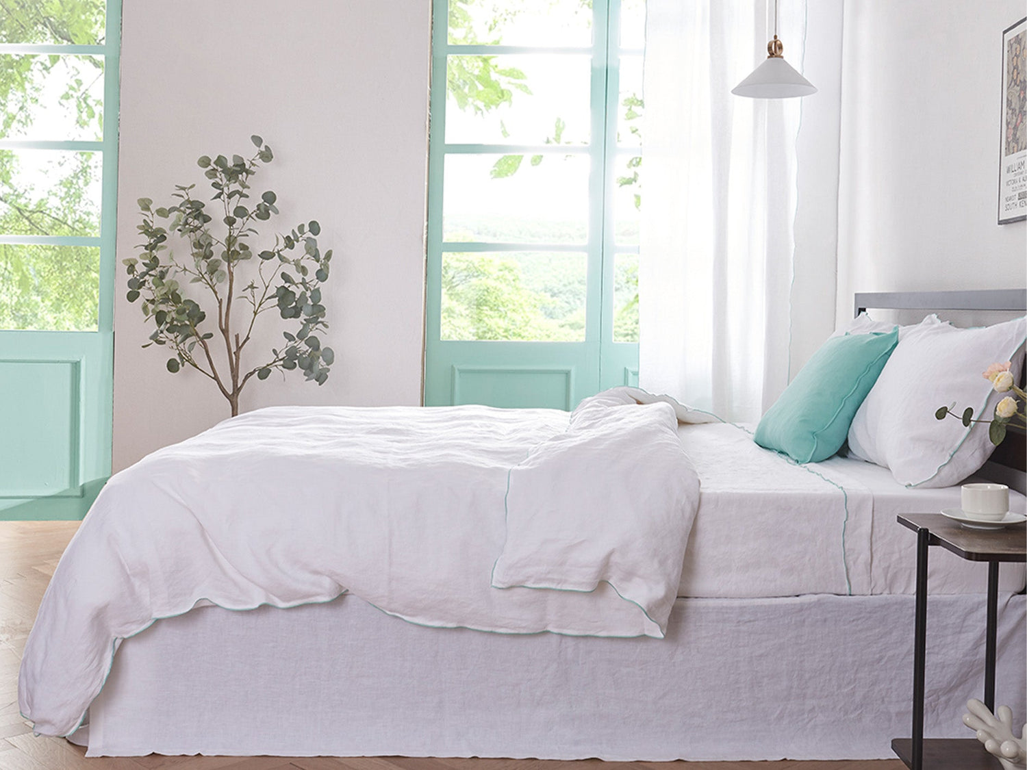 White Linen Duvet Cover with Aqua Green Embroidered Edge