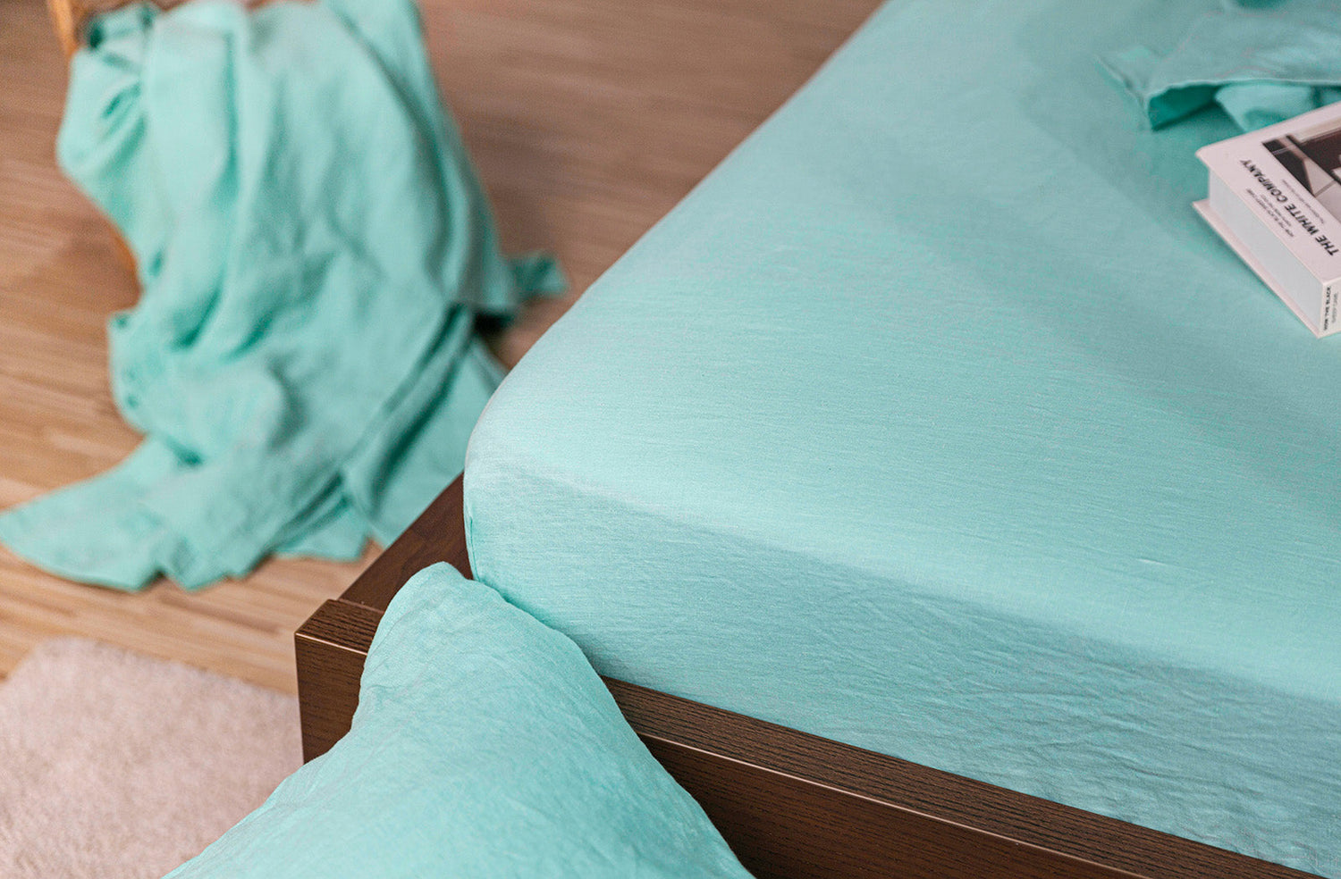 Aqua Linen Fitted Sheet on Bed