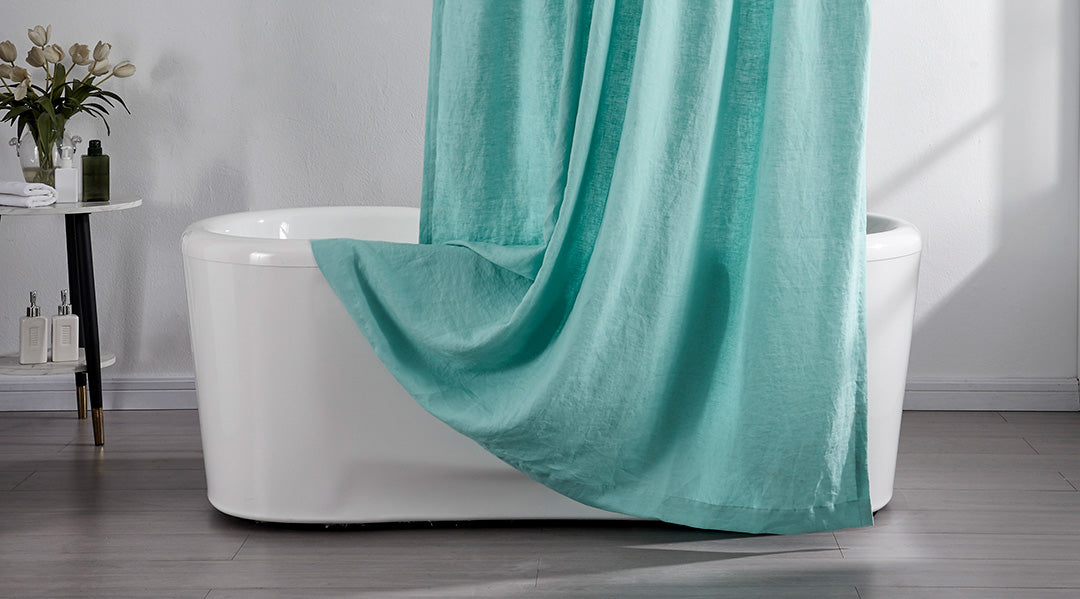 Aqua Green Linen Shower Curtain Draped on Bathtub