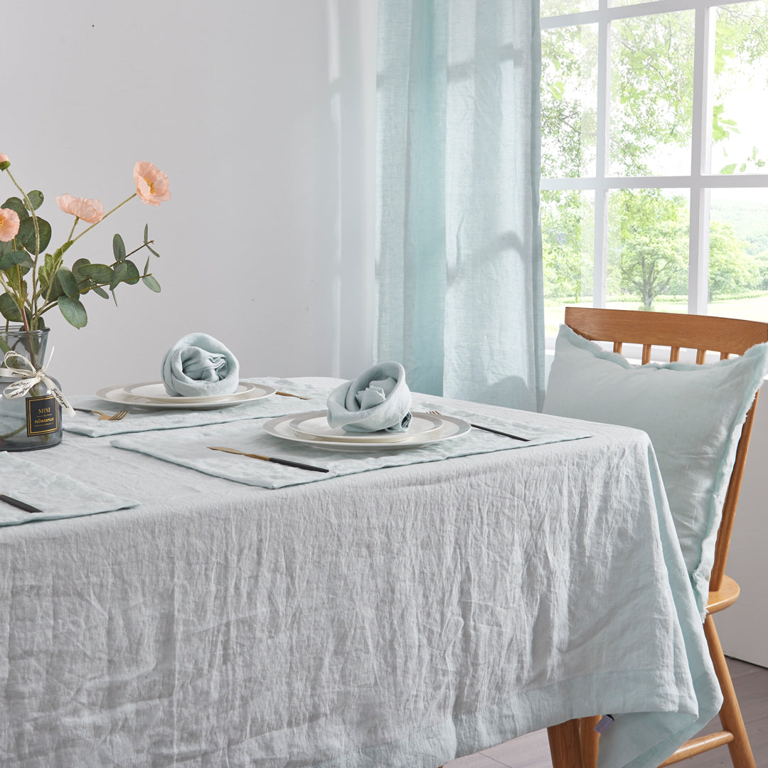 Pale Blue Table Linens in Dining Room