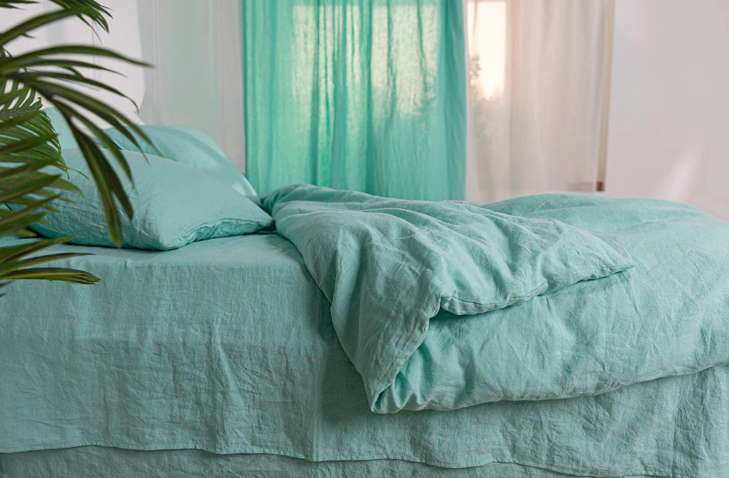 Aqua Green Linen Bedding in Spa-Like Bedroom
