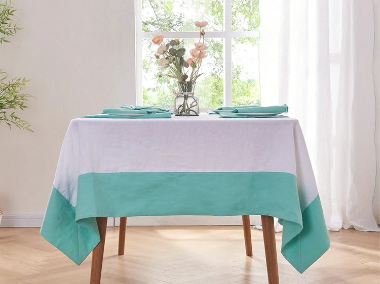 Made-to-Measure White Linen Tablecloth with Aqua Colorblock Edge