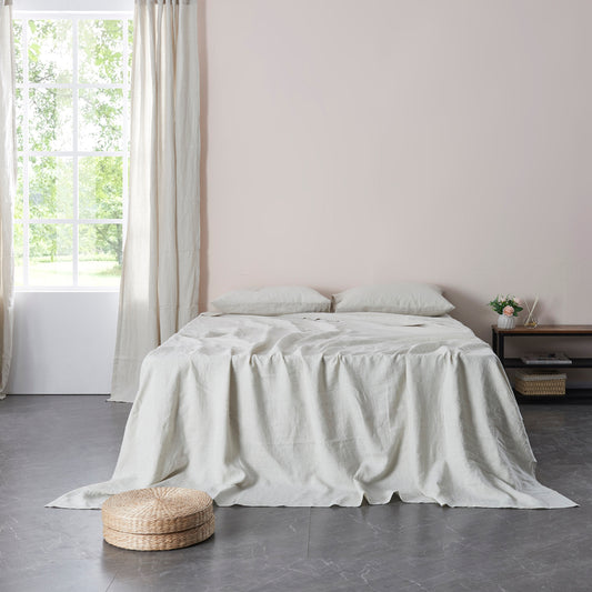100% Linen Flat Cooling Sheet in Cool Gray on Bed