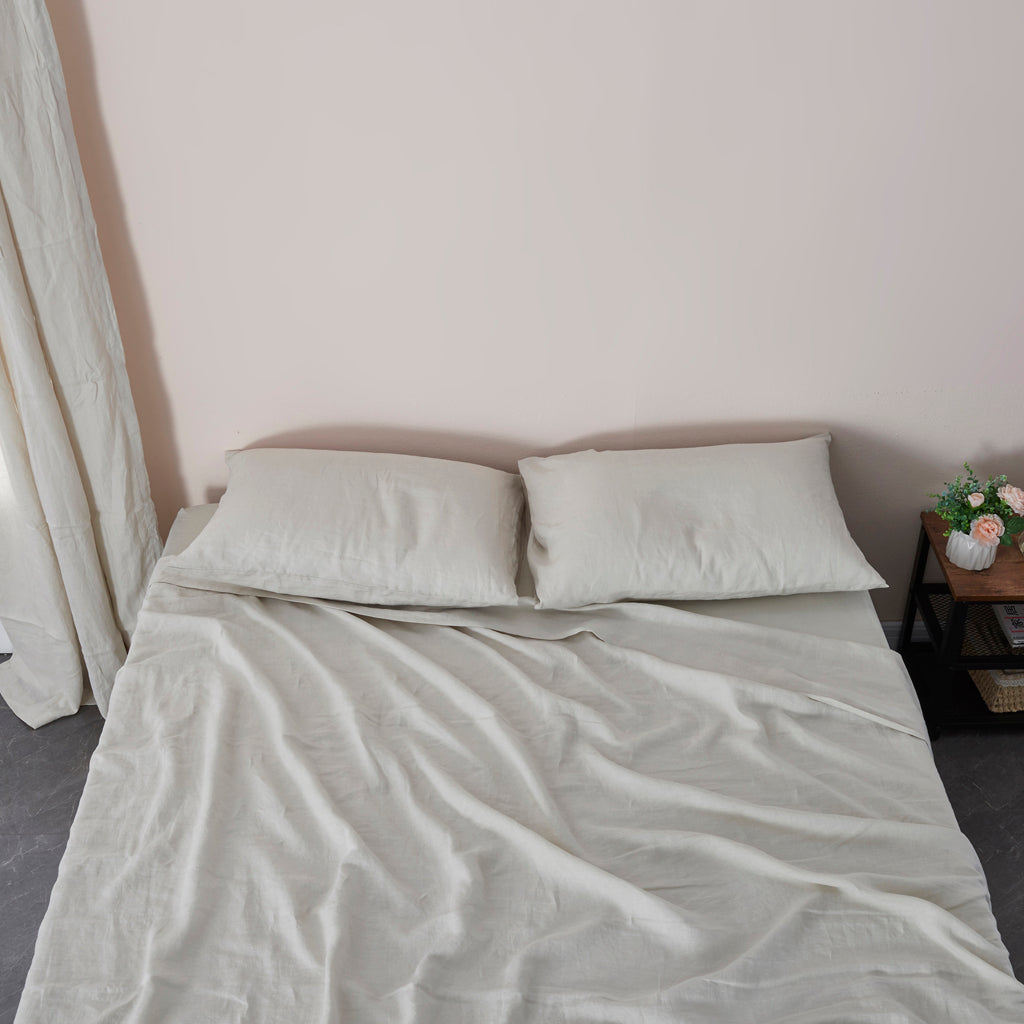 Cool Gray Linen Sheet Set on Bed
