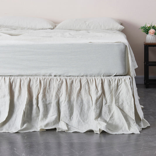 100% Linen Gathered Dust Ruffle in Cool Gray on Bed