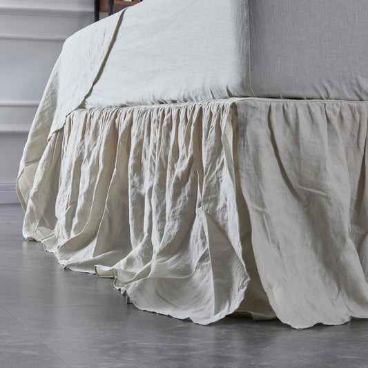 Cool Gray Linen Dust Ruffle in Gathered Style