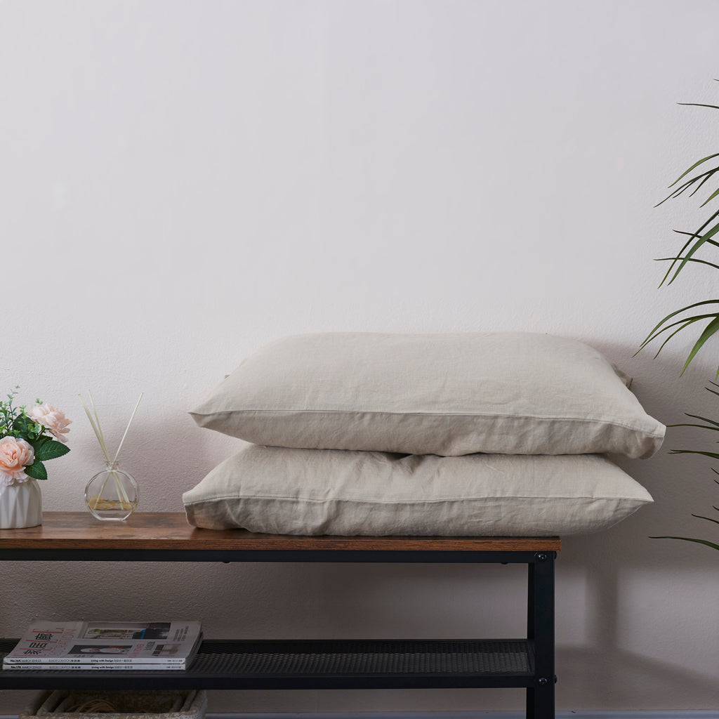 Natural 100% Linen Pillowcases Pair on Bench - linenforce
