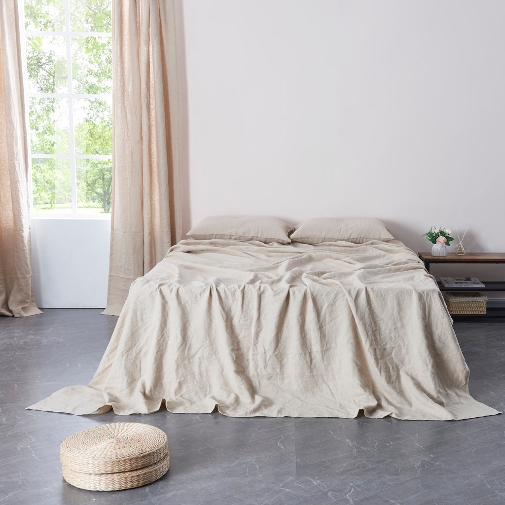 Natural 100% Linen Flat Sheet On Bed - linenforce