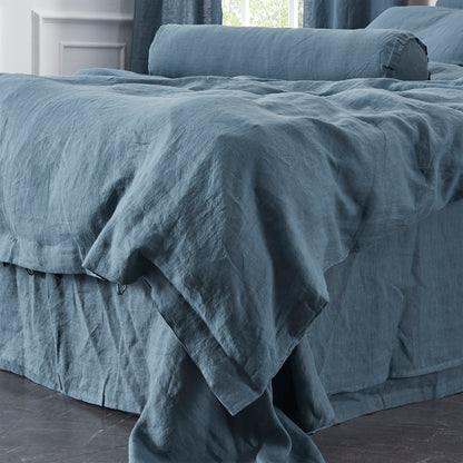 Corner of 100% Linen French Blue Duvet Cover With Ties