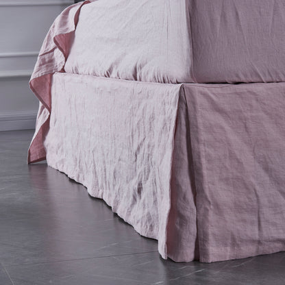 Violet Linen Dust Ruffle with Split Corner on Bed