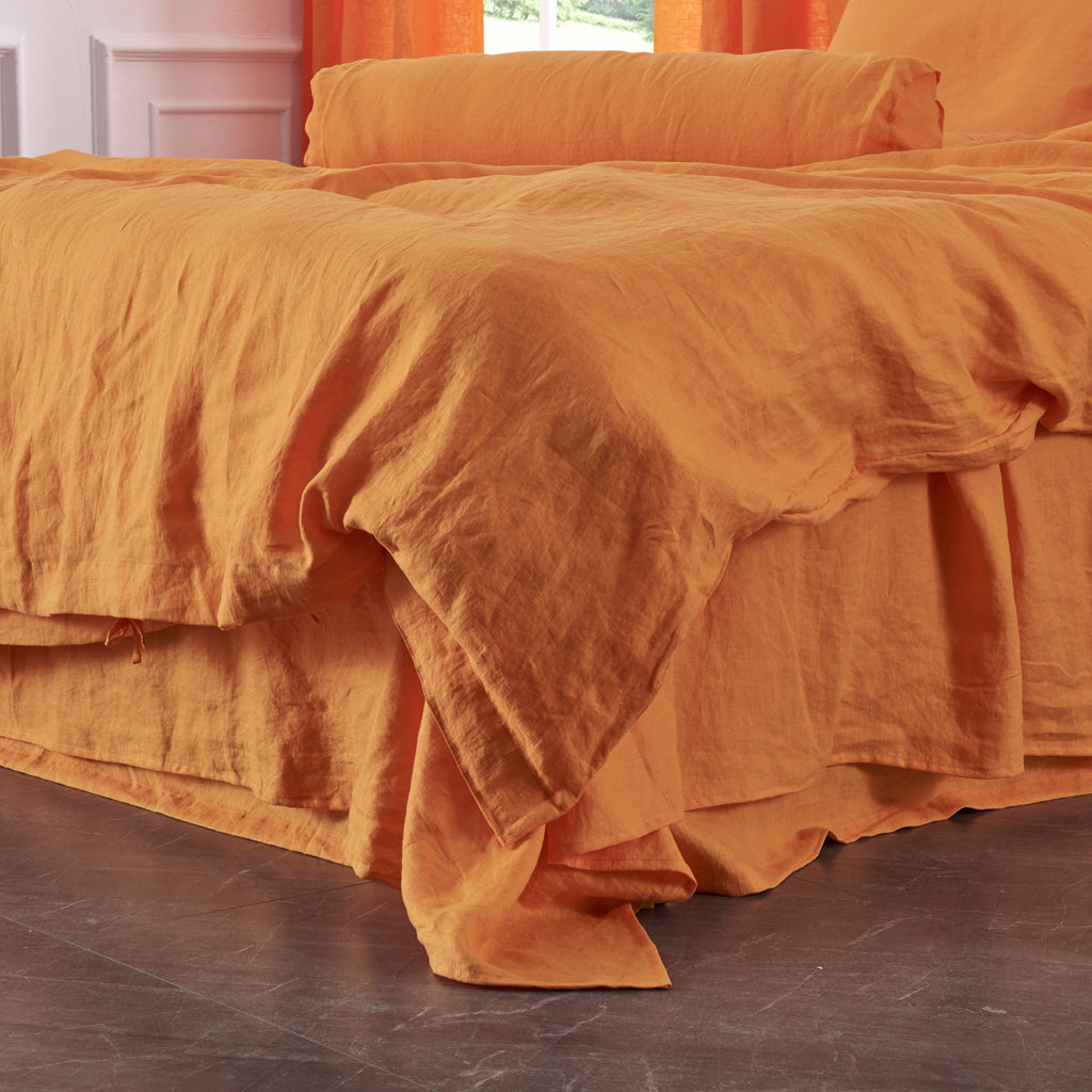 Side View Of Tangelo 100% Linen Duvet Cover With Ties - linenforce
