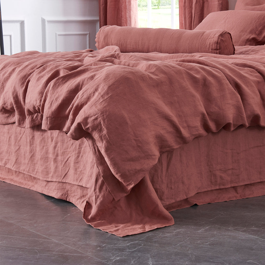Rust Red Linen Duvet Cover with Ties on Bed